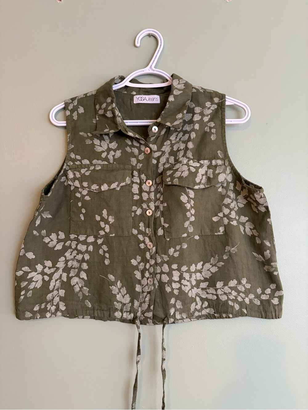 Yoga Jeans Linen Shirt S Chiara Moss Green Floral Sleeveless Gorpcore Boho Chic